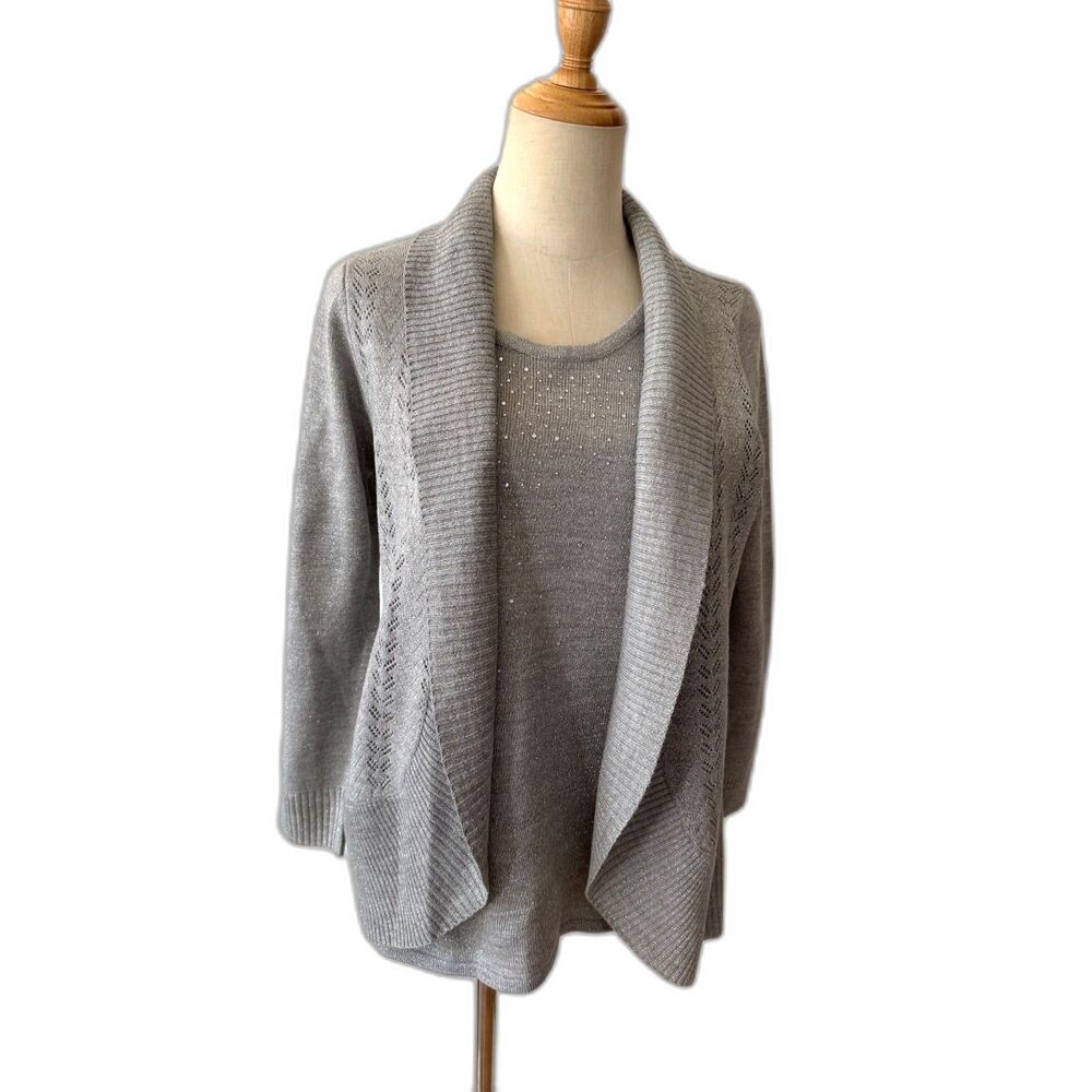 Laura Scott Grey Silver Metallic Cardigan Top Combo Small